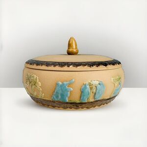 Arnel’s Signed Blue Teal Green Tan Lidded Ceramic Dish Trinket Box Home Decor